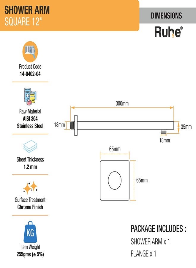 Ruhe 12 Inches Square Shower Arm with Wall Flange, 304-Grade Stainless Steel, Shower Arm for Overhead Showers - Image 2